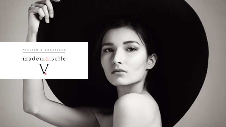 Conception graphique du logo Mademoiselle V, créatrice de chapeaux. Création de la charte graphique d'utilisation.